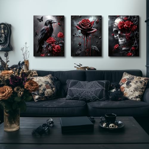 Wrapped Canvas Dark Goth Crow Rose Skull Wall Art Set of 3 (3 Count)
