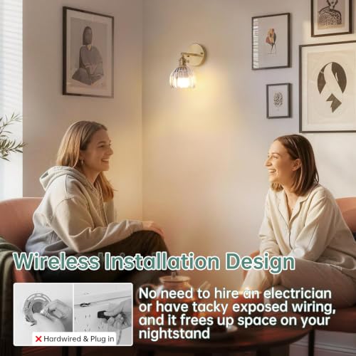 Vintage Battery Operated Wall Sconce with Transparent Tulip Glass Lampshade Rechargeable Battery Powered Wall Light with Remote Control for Bedside Bedroom Doorway (2 Count)