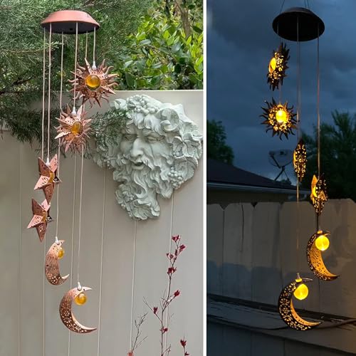 Solar Wind Chimes for Outside with Sun Moon Star Solar Hanging Lights Windchimes Outdoors Garden Decor Gifts for Mother