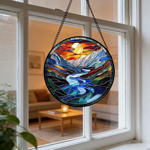 Stained Glass Window Hanging River Scenery Suncatcher Gifts for Women 7.8"