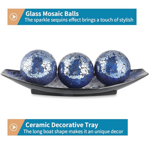 16" Large Ceramic Decorative Tray and 4" Glass Mosaic Balls Set of 4