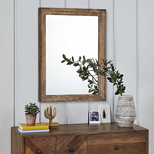 Rustic Wood Mirror Rectangle Decorative Wall Mirrors with Frame Large 20"x16"for Bedroom Living Room Bathroom Entryway Hanging Brown