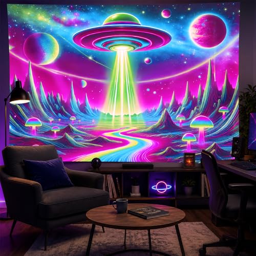 Blacklight Tapestry Alien Planet Room Wall Art 78 x 59 Inch
