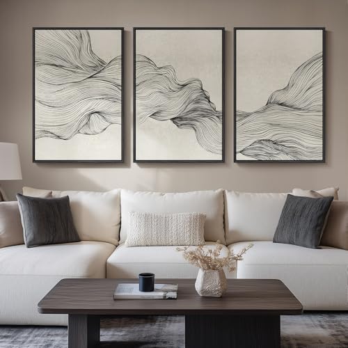 Framed Black and Beige Neutral Abstract Wall Art for Living Room (3 Count)