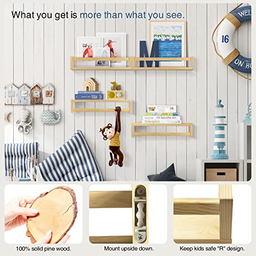 Natural Wood Nursery Book Shelves Wall Mounted (4 Count)