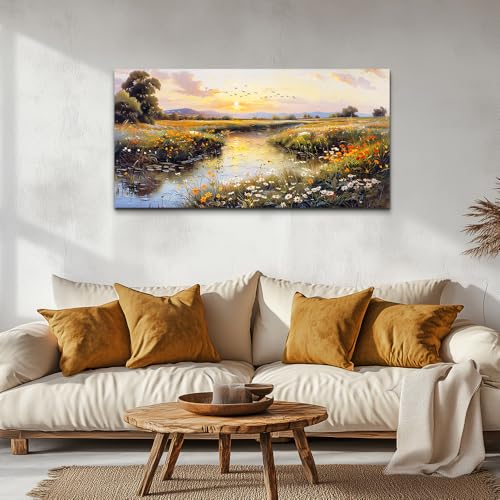 Canvas Wall Art For Bedroom Wall Decoration For Living Room Restaurant Office Decor Rivulet View Painting Farmhouse Field Scenery Watercolour Pictures Printing Artworks Home Decor 20x40In