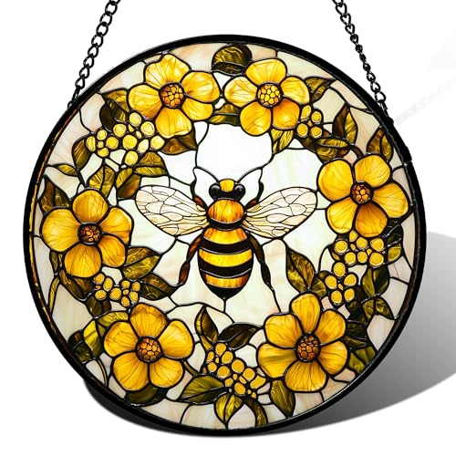 Bee Wreath Stained Glass Window Hanging Suncatcher Gifts for Women 9.8"