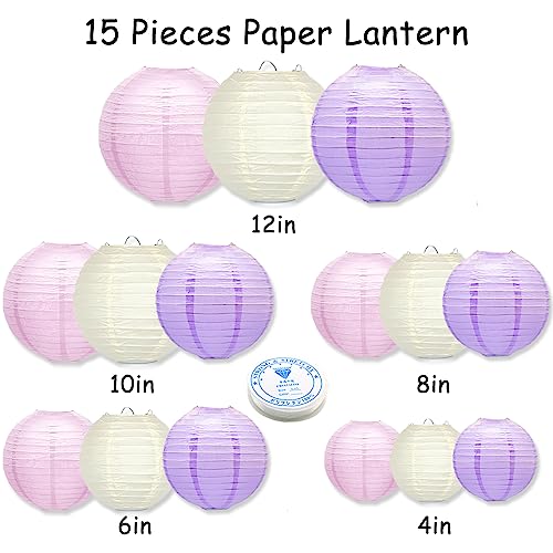15 Pcs Pink Purple White Paper Lanterns