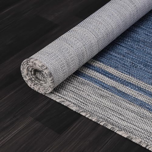 Bordered Outdoor Rug 8x10 Washable Outside Carpet for Indoor Patio Porch Waterproof Easy Cleaning Non Shedding Area Rugs Navy 8 x 10