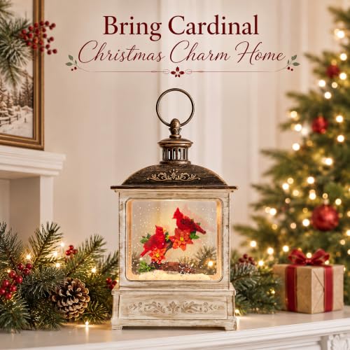 Christmas Snow Globe Water Glittering Cardinal Scene with Music & Timer