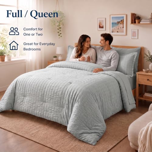 Full Size Comforter Set 7 Pieces Light Grey Seersucker Bed in a Bag