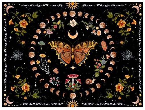 Orange Butterfly Moon Flower Tapestry Botanical Floral Plant Boho Tapestry for Bedroom Aesthetic Vintage Tapestries Wall Hanging for Living Room Dorm