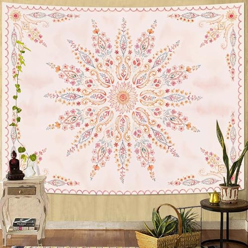 Boho Floral Mandala Tapestry for Bedroom Aesthetic Pink Bohemian Flower Wall Tapestry Watercolor Hippie Indian Large Tapestries Wall Hanging for Living Room Dorm Decor 80 x 60 Inch