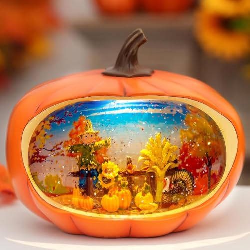 Fall Decor Snow Globes Lighted Pumpkin Thanksgiving Decoration Swirling Glitter Snow Globes Pumpkin Table Accent for Fall Decoration for Home