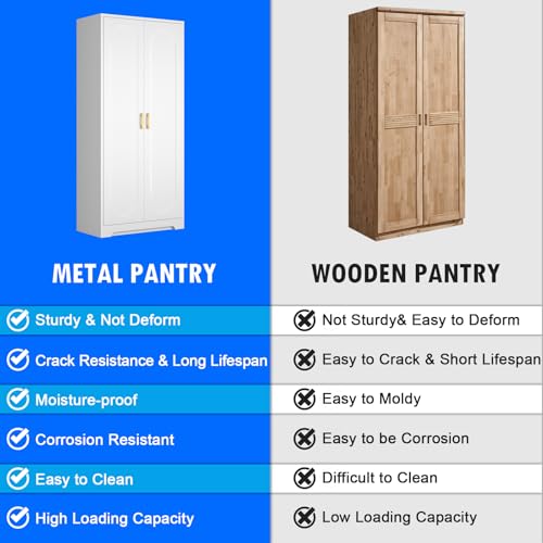 60" White Metal Kitchen Pantry Storage Cabinet with Doors and Shelves