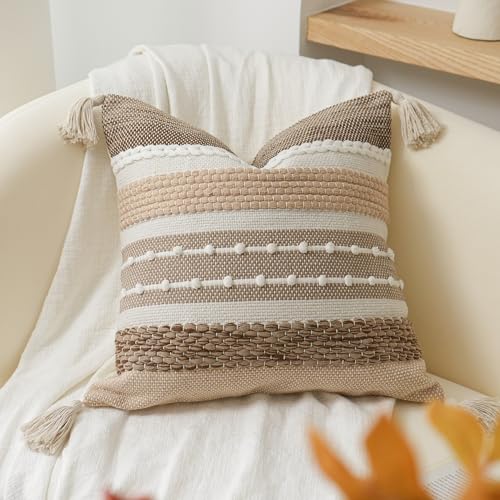 Brown Decorative Throw Pillow Cover 20x20 Square Boho Accent Pillowcase Tassels Farmhouse Cushion for Couch Sofa Bedroom Livingroom Home Décor Cover ONLY