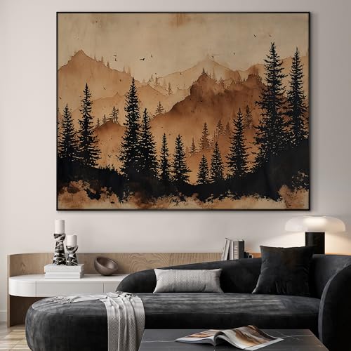 60"x72" Extra Large Framed Wall Art Rustic Mountain Pine Forest Silhouette in Warm Earth Tones for Home Living Room Bedroom Decor