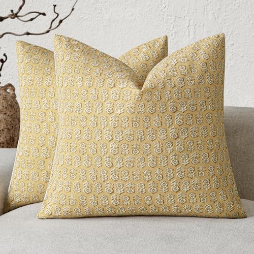 Decorative Floral Print Throw Pillow Covers 20×20 Light Yellow (2 Count)