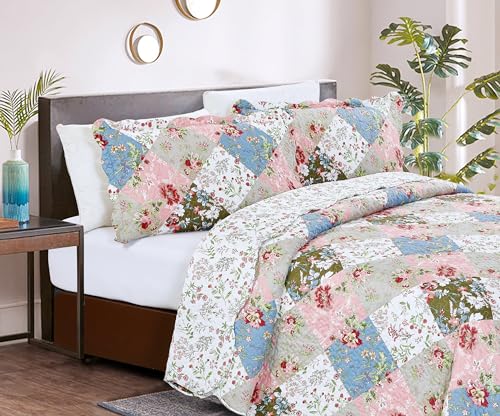 Peach & Olive Flowers Patchwork Quilt Set