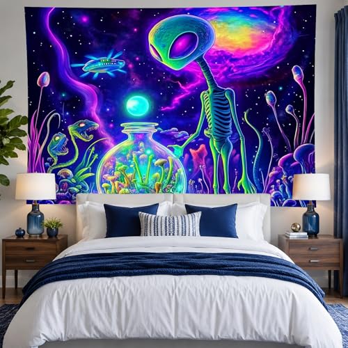 Blacklight Tapestry Alien UFO Wall Hanging 78 x 59 Inch