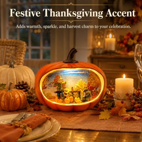 Fall Decor Snow Globes Lighted Pumpkin Thanksgiving Decoration Swirling Glitter Snow Globes Pumpkin Table Accent for Fall Decoration for Home