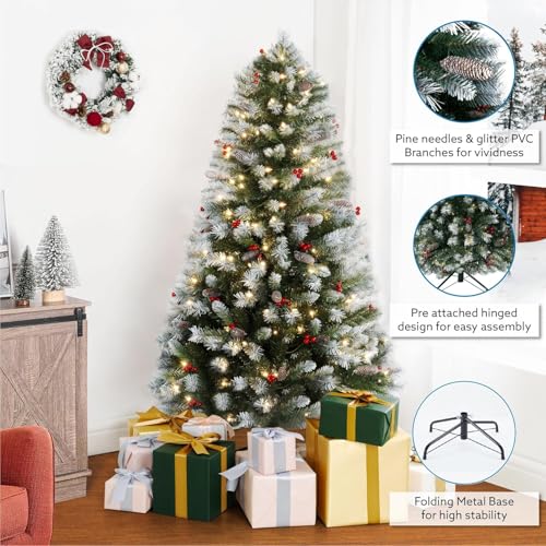 7 5ft Snow Flocked Christmas Tree with Lights Realistic Spruce Christmas Tree with Pine Cones Berries Foot Pedal 1346 Branch Tips 550 Warm Lights and Metal Stand Pre Lit Xmas