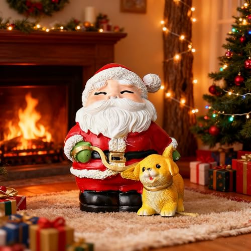 Christmas Santa Claus Figurine Xmas Table Ornaments Funny Statue Artificial Stone Material Sculpture Claus Walking a Dog Statue Christmas Decor for Birthday Party Gift Winter Home Holiday Decor