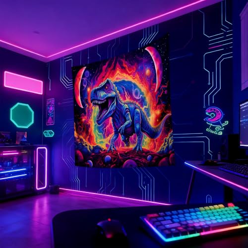 Blacklight Dinosaur Tapestry Wall Hanging Black Light Tapestries Uv Glow in the Dark Dino Poster for Teen Boys Room Bedroom 59.1" L x 59.1" W