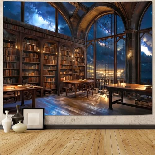Gothic Library Tapestry Vintage Medieval Bookshelf Tapestries Wall Hanging Fantasy Space Academia Book Large Tapestry for Bedroom Living Room Dorm Classroom 80 x 60 inch