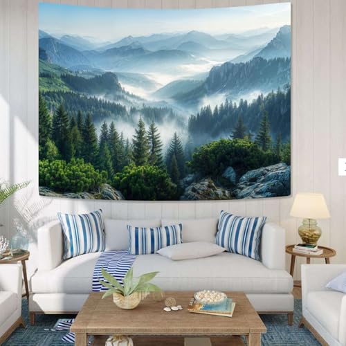 Nature Forest Mountain Tapestry Green Misty Pine Tree Tapestry for Bedroom Aesthetic Foggy Woodlands Sky Landscape Tapestries Wall Hanging for Living Room Dorm 80 x 60 Inch