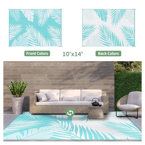 Outdoor Rug Waterproof Plastic Rugs 10'x14' for Camping Navy White (140 Sq Ft)
