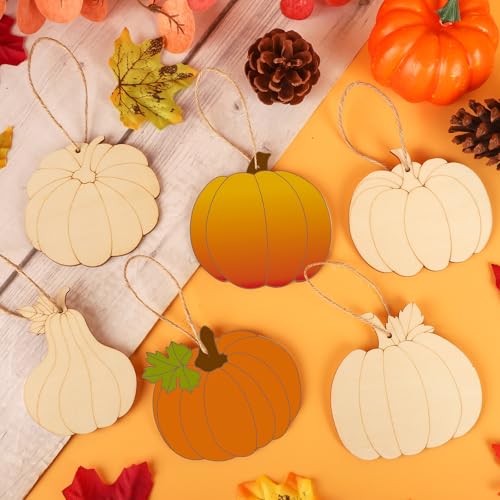 24 PCS Unfinished Wooden Fall Crafts Pumpkin Shaped Hanging Ornaments (24 Count)