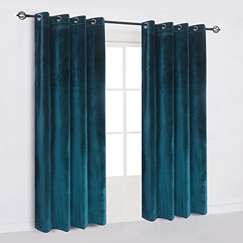 Super Soft Luxury Velvet Dark Green Blackout Energy Efficient Grommet Curtain Panel Drapes Peacock Blue 52Wx108L