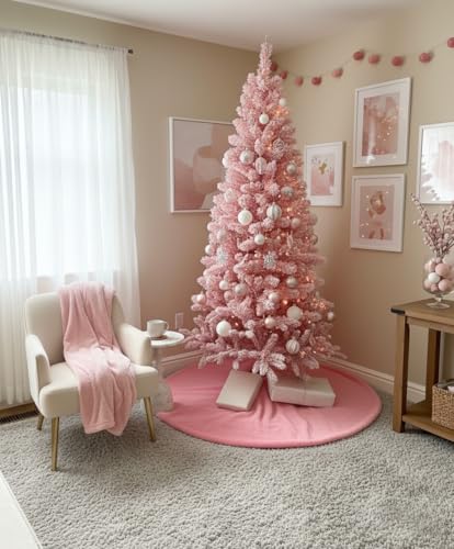 48 Inch Faux Fur Christmas Tree Skirt Pink Shiny Plush Skirt for Merry Christmas Party Christmas Tree Decoration
