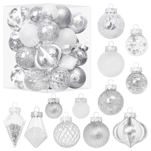 34PCS Silver White Christmas Ball Ornaments Set for Tree Decor (34 Count)