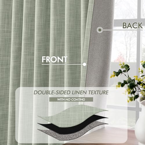 Sage Green 100% Blackout Linen Curtains 108 Inch 2 Panels Set Double Sided No Coating Pleated Back Tab Black Out Extra Long Thermal Insulated Pinch Pleat Bedroom Living Room Darkening Drapes