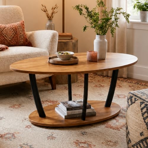 Rustic Oval Coffee Table with Storage Shelf