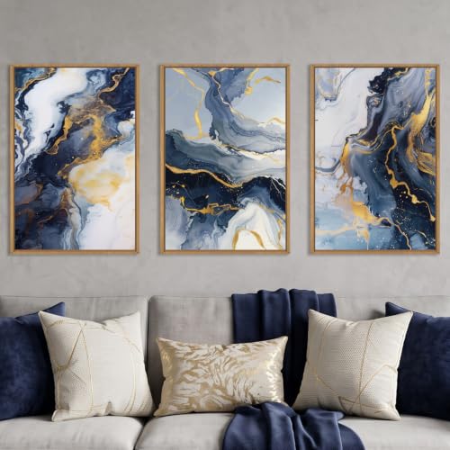 Abstract Navy Blue and Gold Framed Canvas Wall Art Set