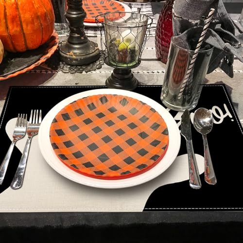 Halloween Ghost Placemats Black Cute Ghost Boo Table Mats 12 x 18 Inch Trick or Treat Kitchen Place Mats for Party Home Dining Table Decoration (4 Count)