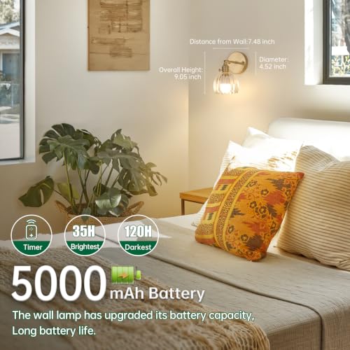 Vintage Battery Operated Wall Sconce with Clear Tulip Glass Lampshade 5000 mAh Rechargeable Battery Powered Wall Light with Remote Control for Bedside Bedroom Doorway (2 Count)