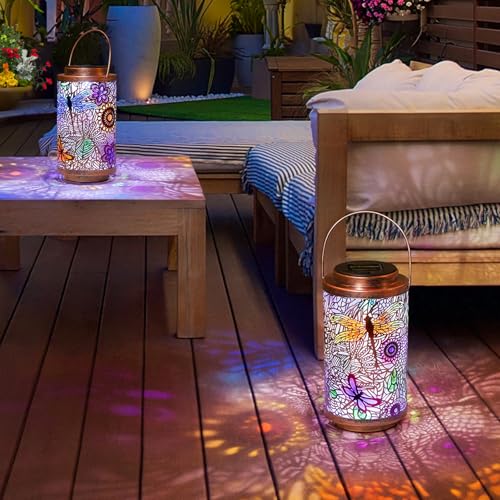 2Pack Solar Outdoor Lanterns Waterproof Multicolor Dragonfly Garden Gifts for Mom Women Backyard Lights Lanterns for Indoor (2 Count)