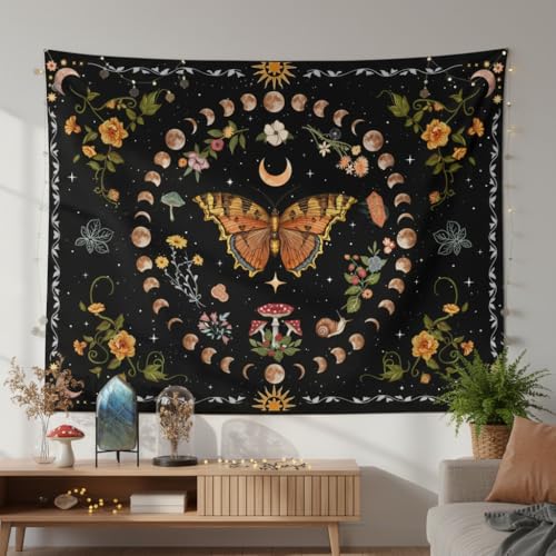 Orange Butterfly Moon Flower Tapestry Botanical Floral Plant Boho Tapestry for Bedroom Aesthetic Vintage Tapestries Wall Hanging for Living Room Dorm