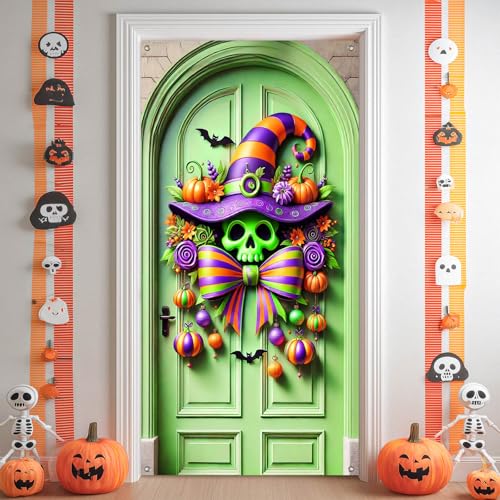 Halloween Door Cover Skull Witch Bow 35x71 Inch Polyester