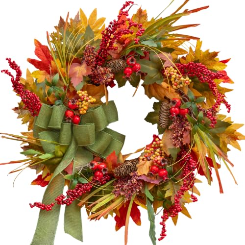 24 Inch Artificial Silk Harvest Fall Wreaths for Front Door with Green Bow