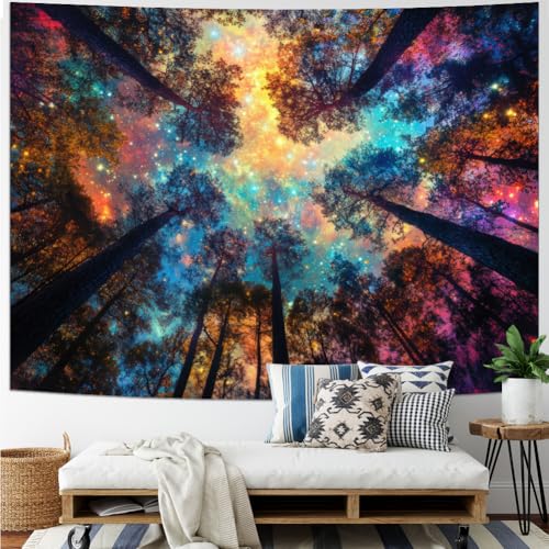 Colorful Forest Tapestry Nature Landscape Tapestry Mysterious Sky Tapestries Psychedelic Aesthetic Starry Night Tapestries Trippy Galaxy Space Wall Hanging Decor for Home