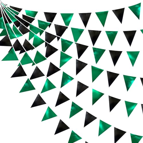 Black Green Party Decorations Metallic Fabric Triangle Pennant Banner Flag Bunting Garland for Video Game Soccer Birthday Graduations Wedding Bachelorette Halloween Outdoor Holiday Party Supplies (36 Count)