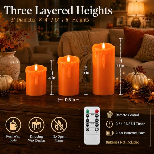 Orange Drip Real Wax Flameless Candles with Remote Timer