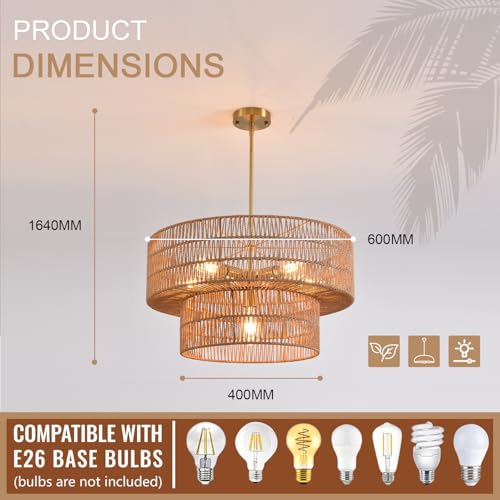 23.62" 6 Light Rattan Farmhouse Chandelier