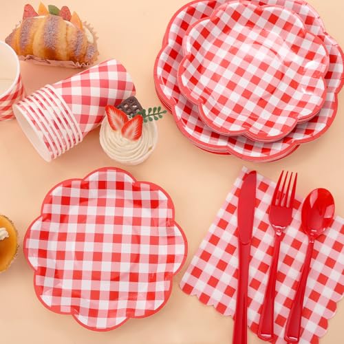 175 Pcs Red Gingham Plates and Napkins Party Supplies