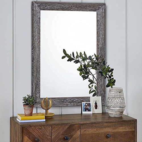 Wall Mirror with Rectangle Wood Frame Large 28"x20" Rustic Decorative Hanging Mirrors for Bedroom Bathroom Living Room Home Office